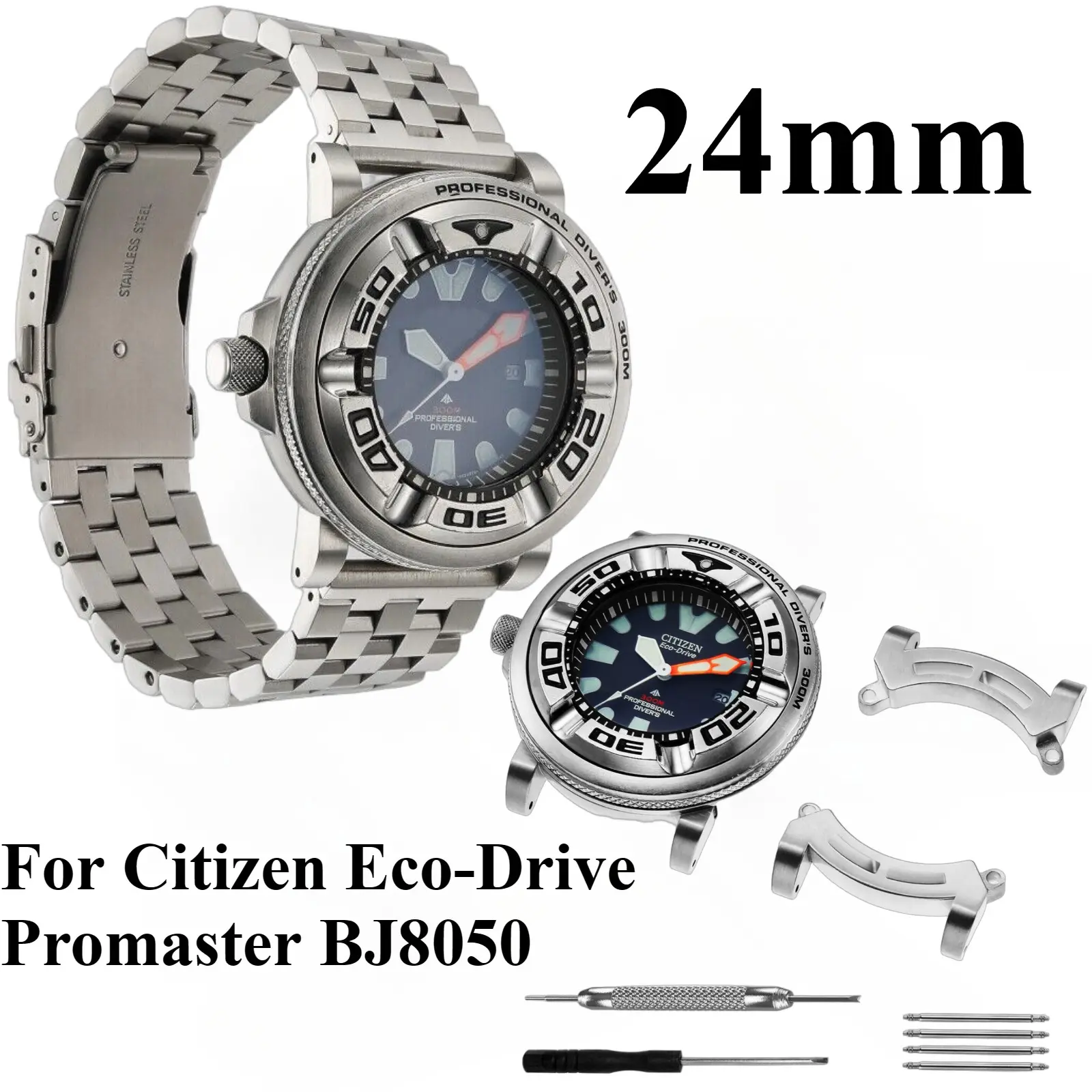 24mm Band For Citizen Eco-Drive Promaster BJ8050-08E Silver High Quality Stainless Steel Metal Adapter Two-Button Folding Clasp Buckle Watch Band Strap Bracelet Replacement Watchband Smartwatch Accessories Luxury Wristband