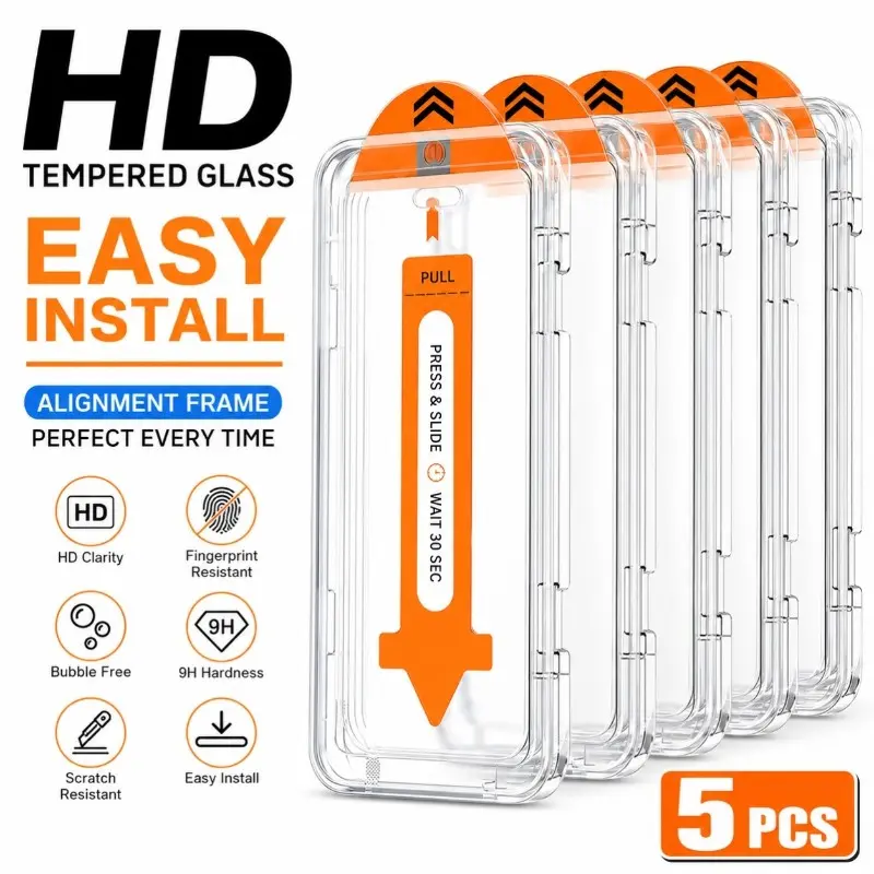 5-Pack Dust-Free Ultra HD Tempered Glass Screen Protector, Auto Alignment Kit, for iPhone 17/16/15/14/13/12/11 Series, 9h+ Shockproof Transparent Film