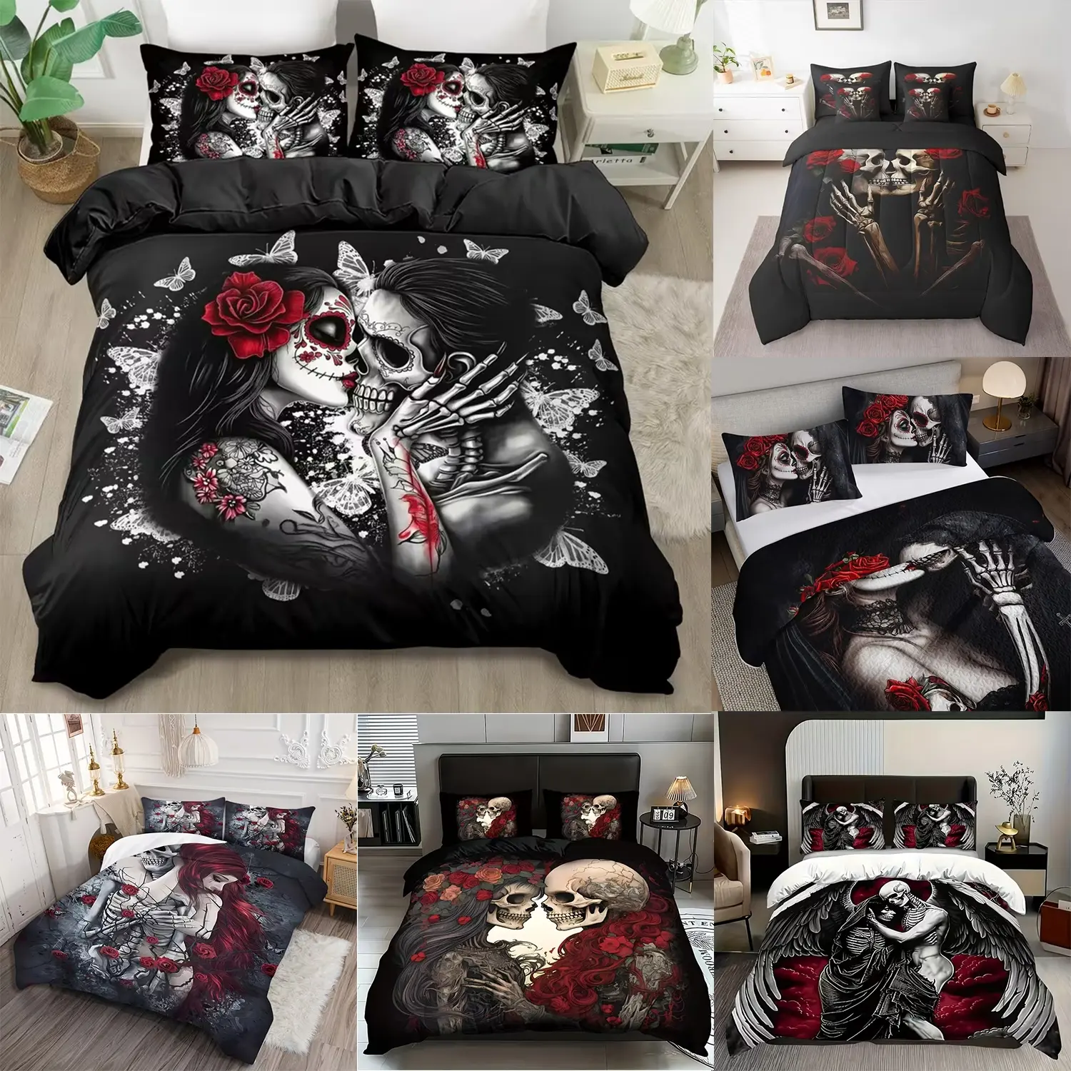 Valentine's Day Skull Couple Duvet Cover Set, Bedroom Bedding Set, Soft Comfortable Bedding, Zipper Closure, Perfect Gift for Animal Lovers, Decorative Duvet Cover, Bed Sets Supplies