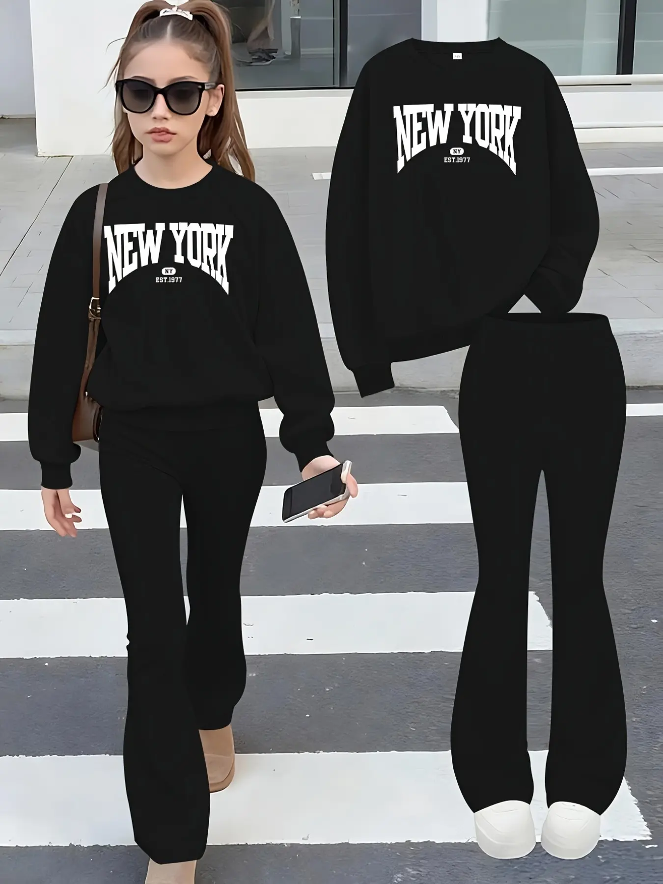 Vintage Preppy Black Oversized Soft Crewneck Sweatshirt With Arch NEW YORK EST.1977 Letter Print Matching High Waist Stretch Black Flare Pants 2-Piece Outfit Set For Little Girls Daily Street School Casual Spring Fall Viral Kids Tracksuit