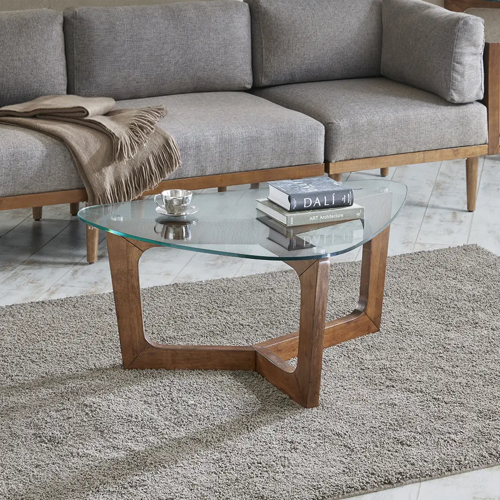 Nokaa Coffee Table with Tempered Glass Top, Pecan Solid Wood Finish, Triangle Table for Living Room, Compact Center Table for Small Spaces, Easy Assembly, Brown Wood, 42"W x 28"D x 17"H