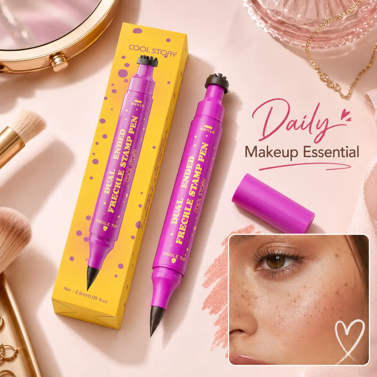Dual-Ended Faux Freckle Pen & Freckle Stamp, Waterproof Precision Tip Makeup Marker for Natural Realistic Fake Freckles, Long-Lasting Smudge-Proof Beauty Tool for Face, Nose, Cheeks, Daily Wear & Cosplay