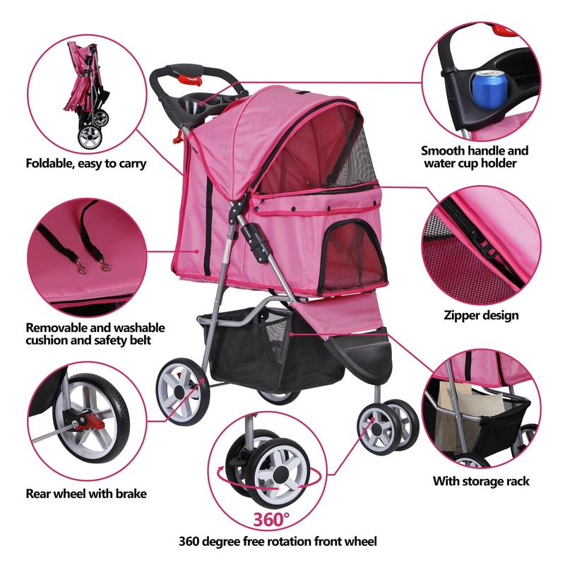 Pet Republic 3 Wheels Foldable Pet Stroller for Small Dog Max 33lbs W/Storage Basket, Pink