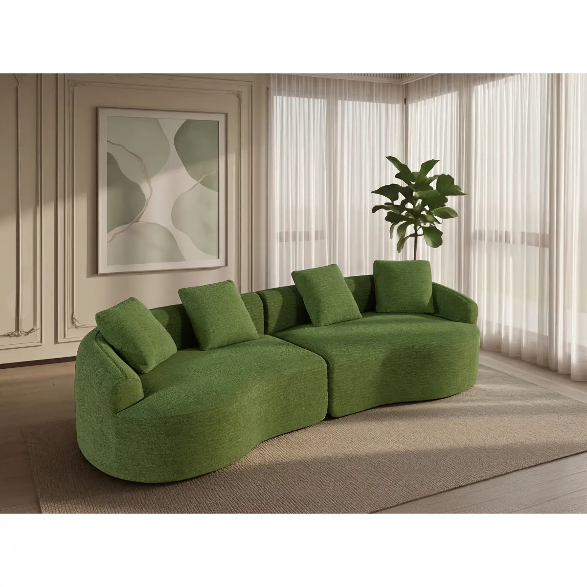 110" Cloud-Shaped Curved Chenille Modular Sectional Couch Bed - 4-Seater Oversized Deep Seats, Recliner Function, 4 Decorative Pillows, Unpack Ready, Green, Ideal for Living Room