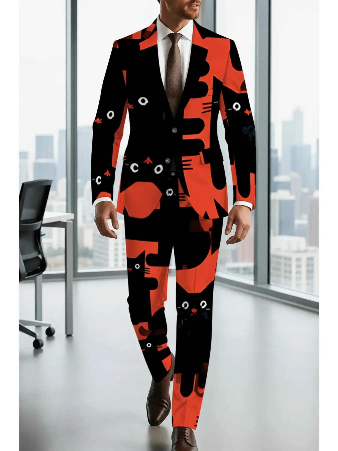 Cartoon Cat Art Print Slim Fit Blazer Set, Bold Block, Cute Cat Element, Casual Fall Winter, Creative Workplace Wear