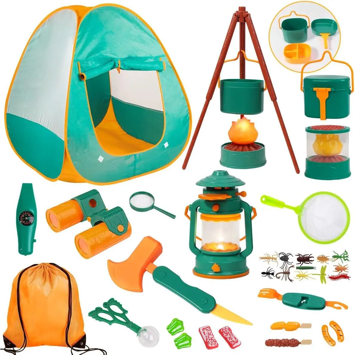 Green Children's Camping Toy Set with Tent, Campfire, Cooking Utensils - Toddler Boys' Role Play Gift for 3-6 Years Old, Suitable for Indoor, Playground, Park Use All Year Round (Birthday/Christmas Present)