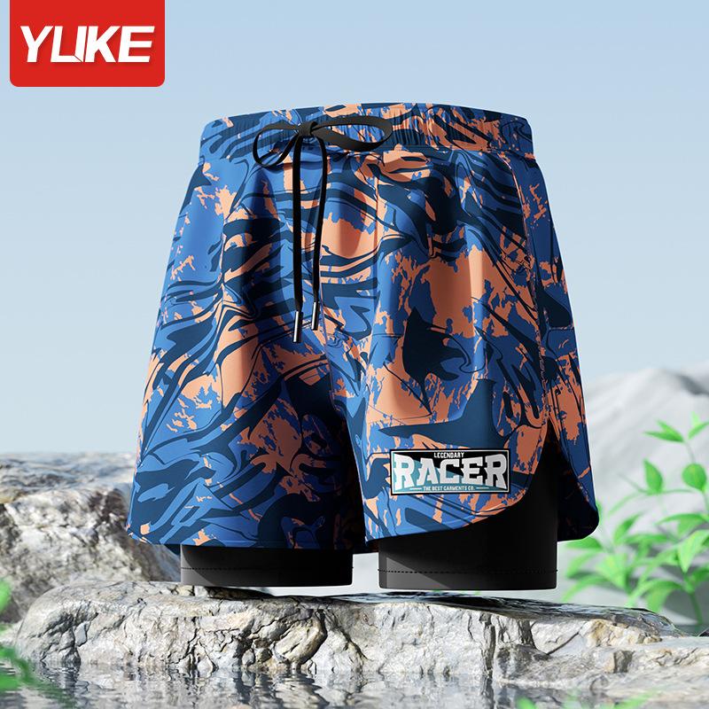 Adult double-layer swimming trunks men's flat-angle five-point swimsuit anti-embarrassment new professional beach adult swimming equipment one piece