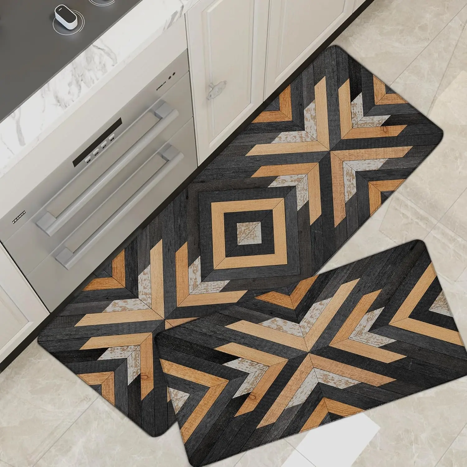 Black Boho Aztec Mats Rugs Sets of 2 Cushioned Anti Fatigue Mat Foam Rugs Farmhouse Style Non Slip Waterproof Standing Mat for Sink Laundry