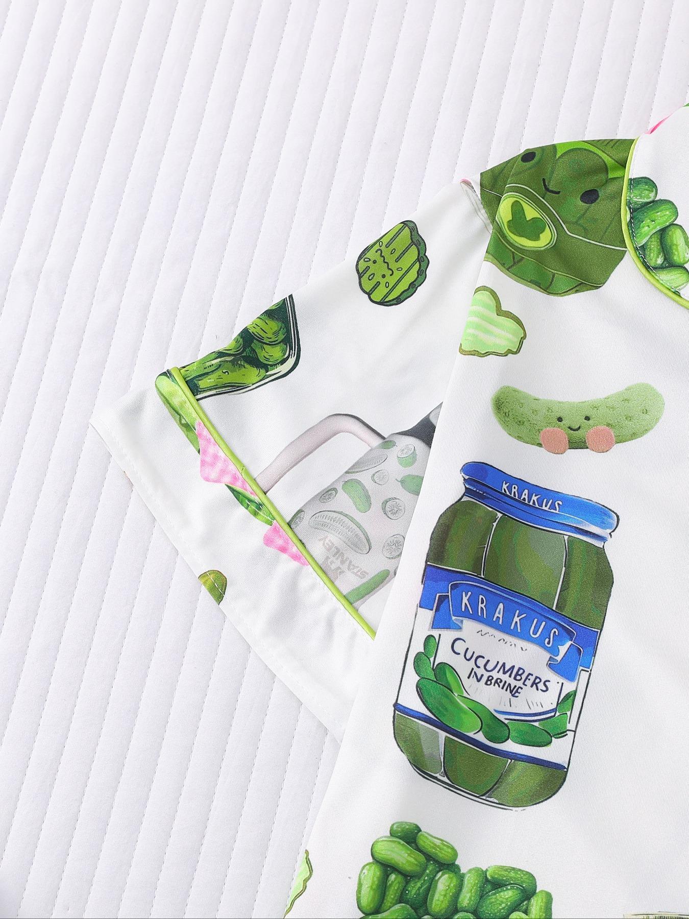 Women's Cucumber Print Short Sleeve Pajama Set, Casual Comfy Button Front Chest Pocket Design Lapel Neck Top & Elastic Waist Shorts PJ Set, Ladies Sleepwear Loungewear