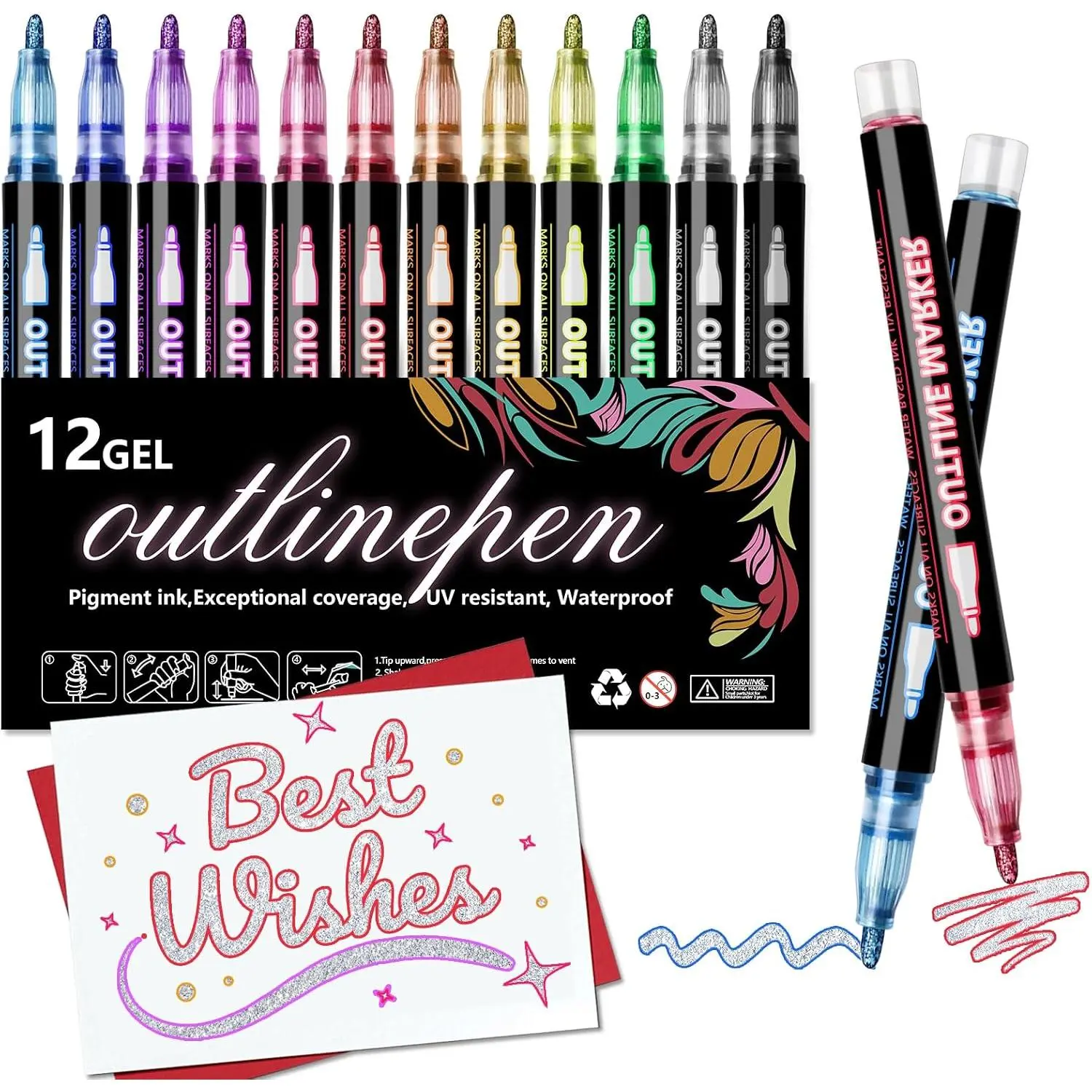 Outline Shimmer Markers,12 Colors Glitter Markers Outline Glitter Pens,Gel Pens for Coloring,Metallic Marker Pen for Gifts Birthday, Trendy Stuff for Art Supplies,Painting