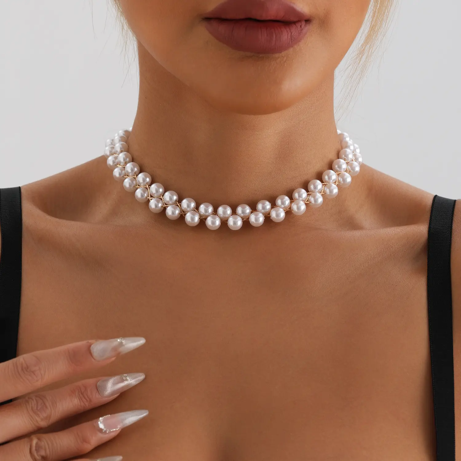 Women's Woven Double-Row Pearl Beaded Choker Necklace, Adjustable Thin-Wire Collar Jewelry, 3-Color Options (White, Pink, Black), Pearl Choker Jewelry