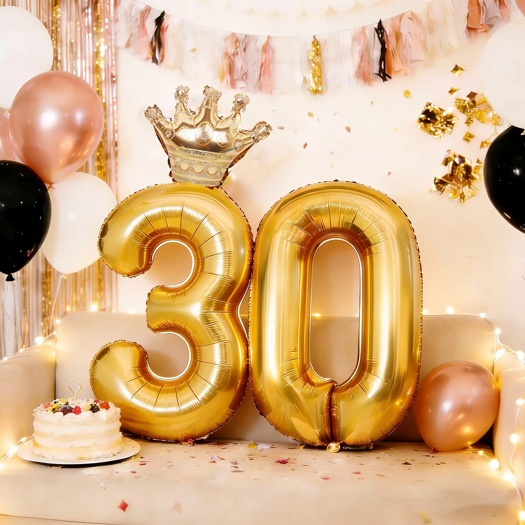 A set of 81.28cm 30th birthday golden foil balloons, with numbers 3 and 0 balloons, including a mini crown balloon and a glossy gold decoration balloon, suitable for 30th birthday party anniversary celebration decoration