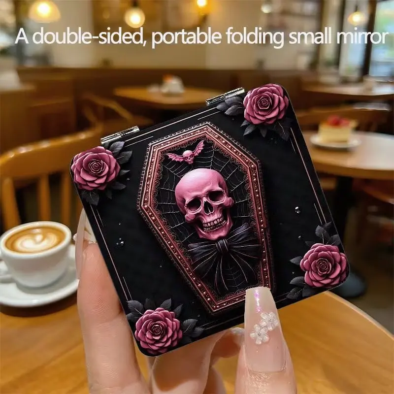 Gothic Skull Coffin Mirror, Dual-Sided Folding Makeup Mirror, Travel-Friendly, Rose Decoration, Halloween Gothic Style, Pocket Mirror for Women, Unique Gift for Makeup Lovers