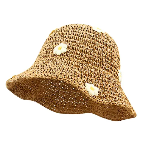 Women's Handmade Crochet Straw Cute Hat, Summer Floral Beach Sunshade Hat, Sun, Foldable UV Protection, Perfect for Outing, 1 Piece