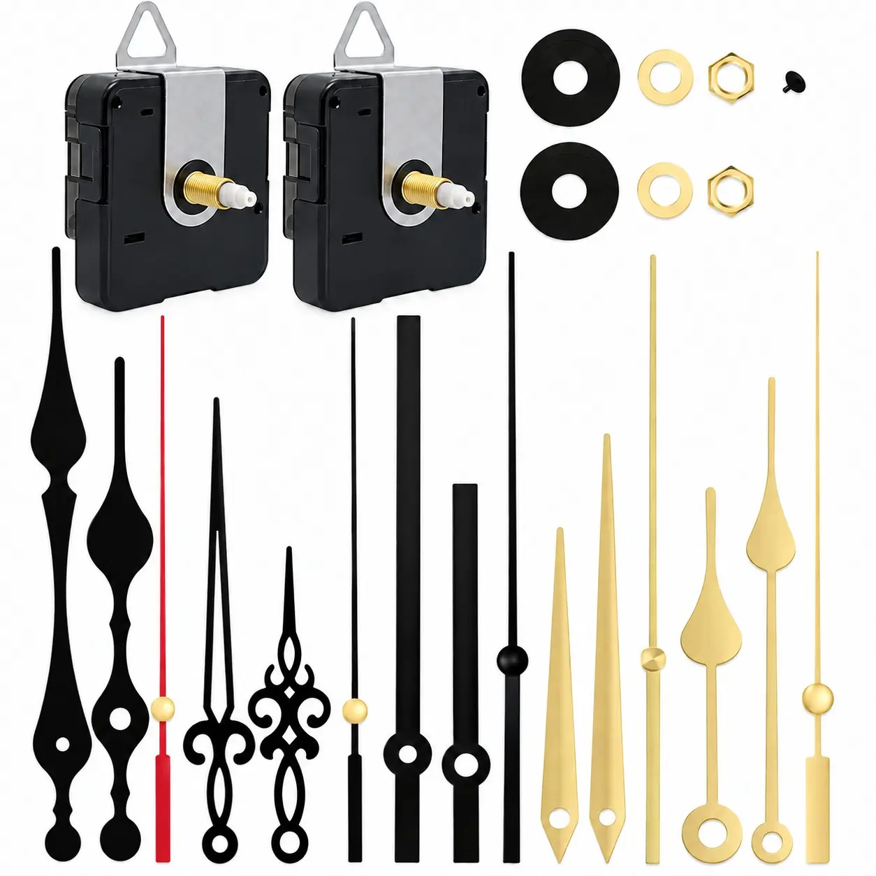 2Pcs Quartz Clock Mechanism Kit, Quiet Sweep Battery-Powered Clock Movement Replacement, Wall Clock Motor Replacement DIY Repair Parts with 5 Set Hands (No Battery)