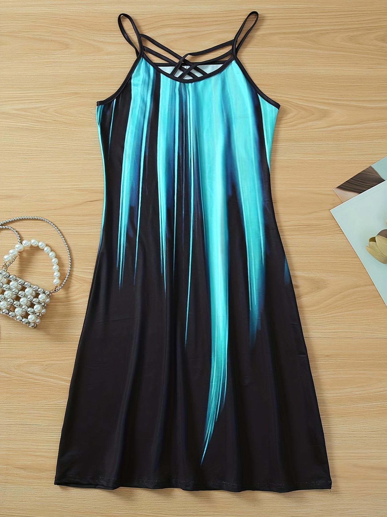 Women's Colorblock Criss Cross Backless Cami Dress, Chic Casual Sleeveless Spaghetti Strap Short Dress , Ladies Clothes for Summer Beach Holiday