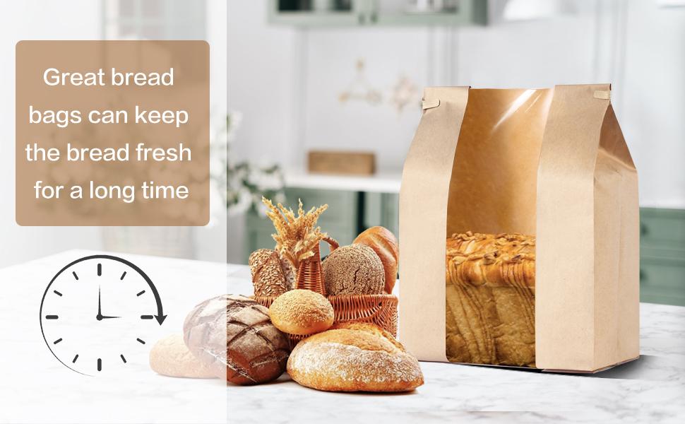 100 Pack Large Paper Bread Bags for Homemade Bread with Tin Tie Tab Lock,14" x 8.3" x 3.5" Sourdough Kraft Loaf Bag with Clear Front Window,Label Seal Sticker Included