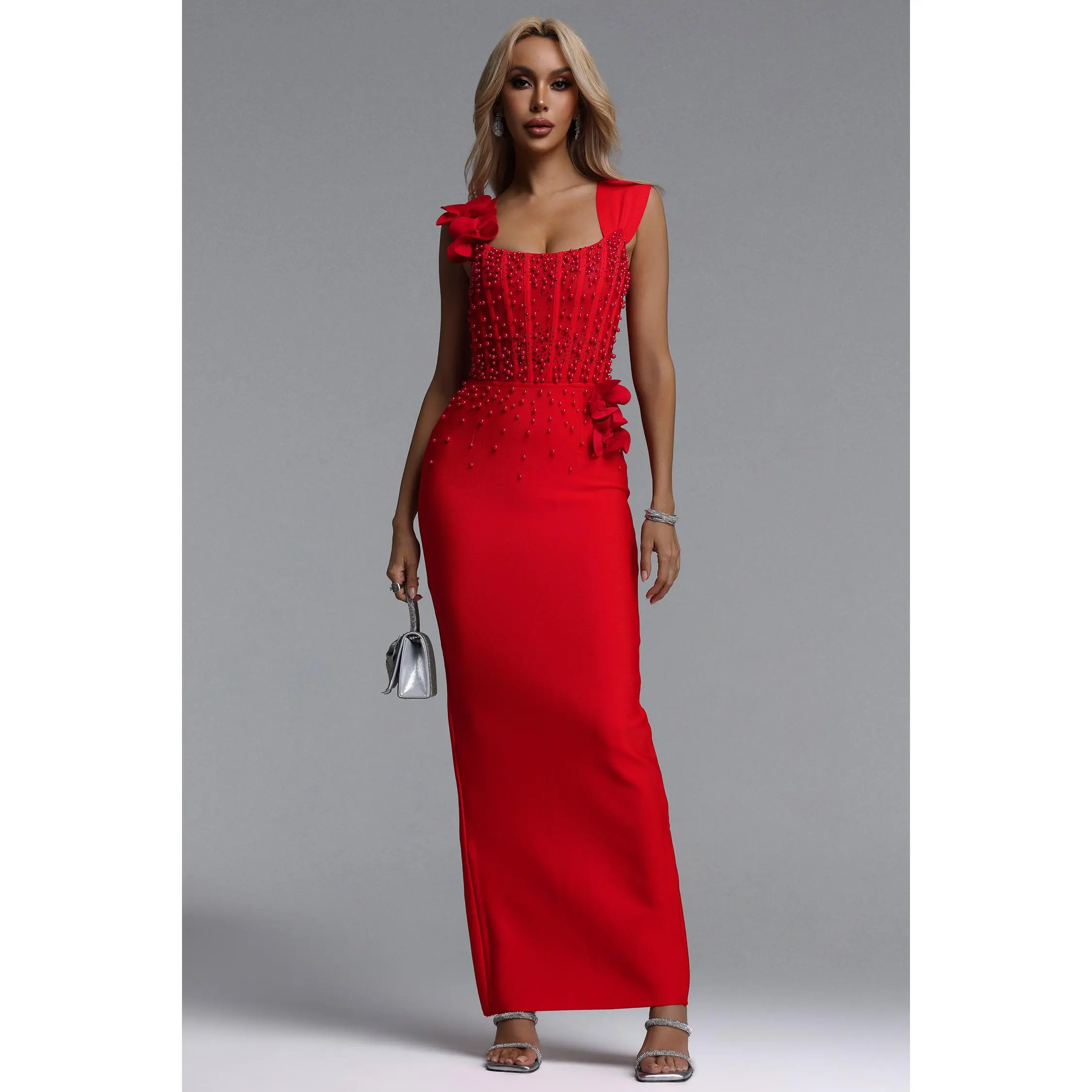 BELLA BARNETT Oria Women's Sleeveless Floral Bandage Maxi Dress - Square Neck, Pearl Embellishments, Glamorous Contour Fit, Elastic Fabric, Lady Clothes, Dry Clean, Hand Wash Only