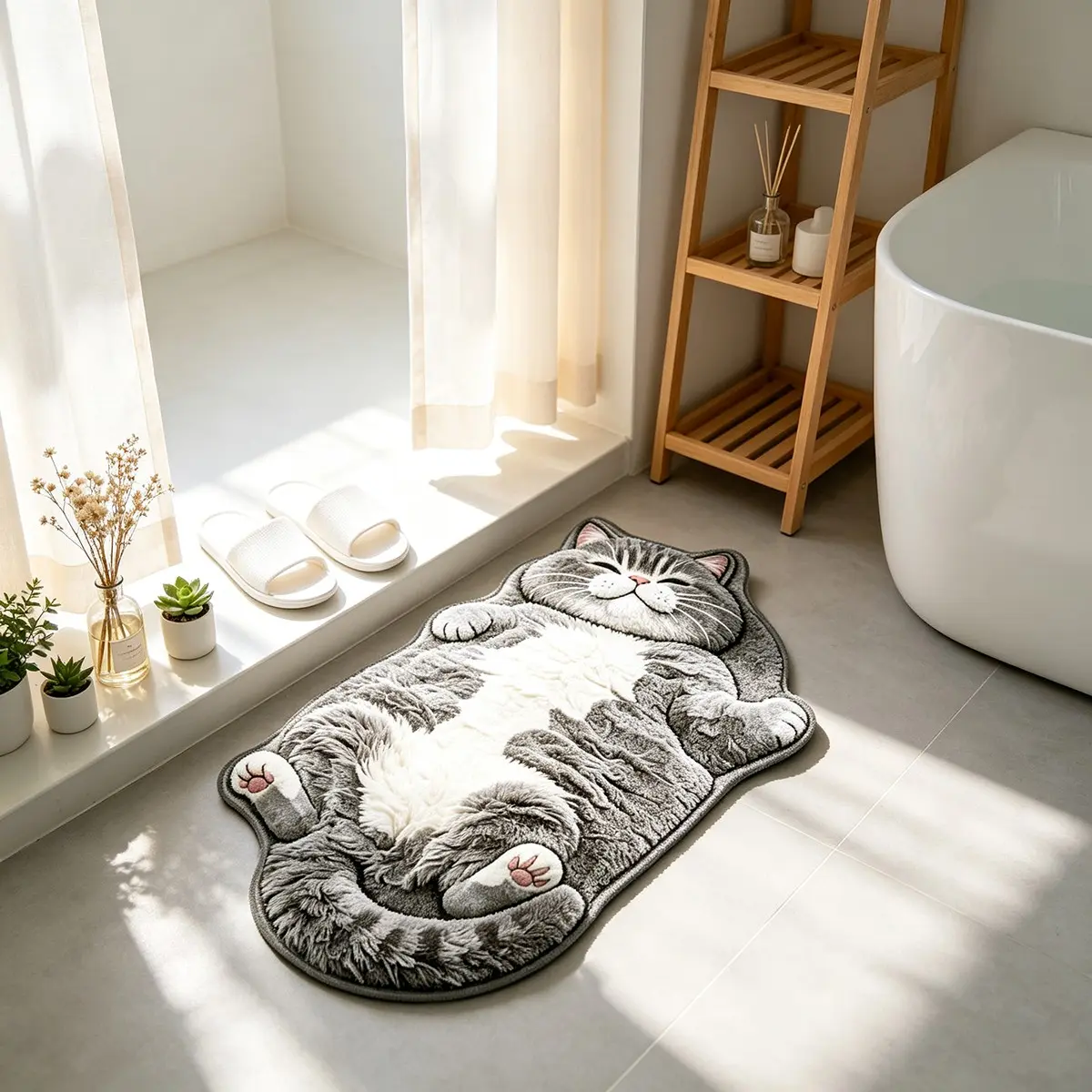 Lazy Chubby Gray Cat Irregular Rug Cute Cat Shaped Bath Rug Bathtub Mat Rug Bay Window Rug Bedroom Bedside Rug Cozy Home Decor Area Rug