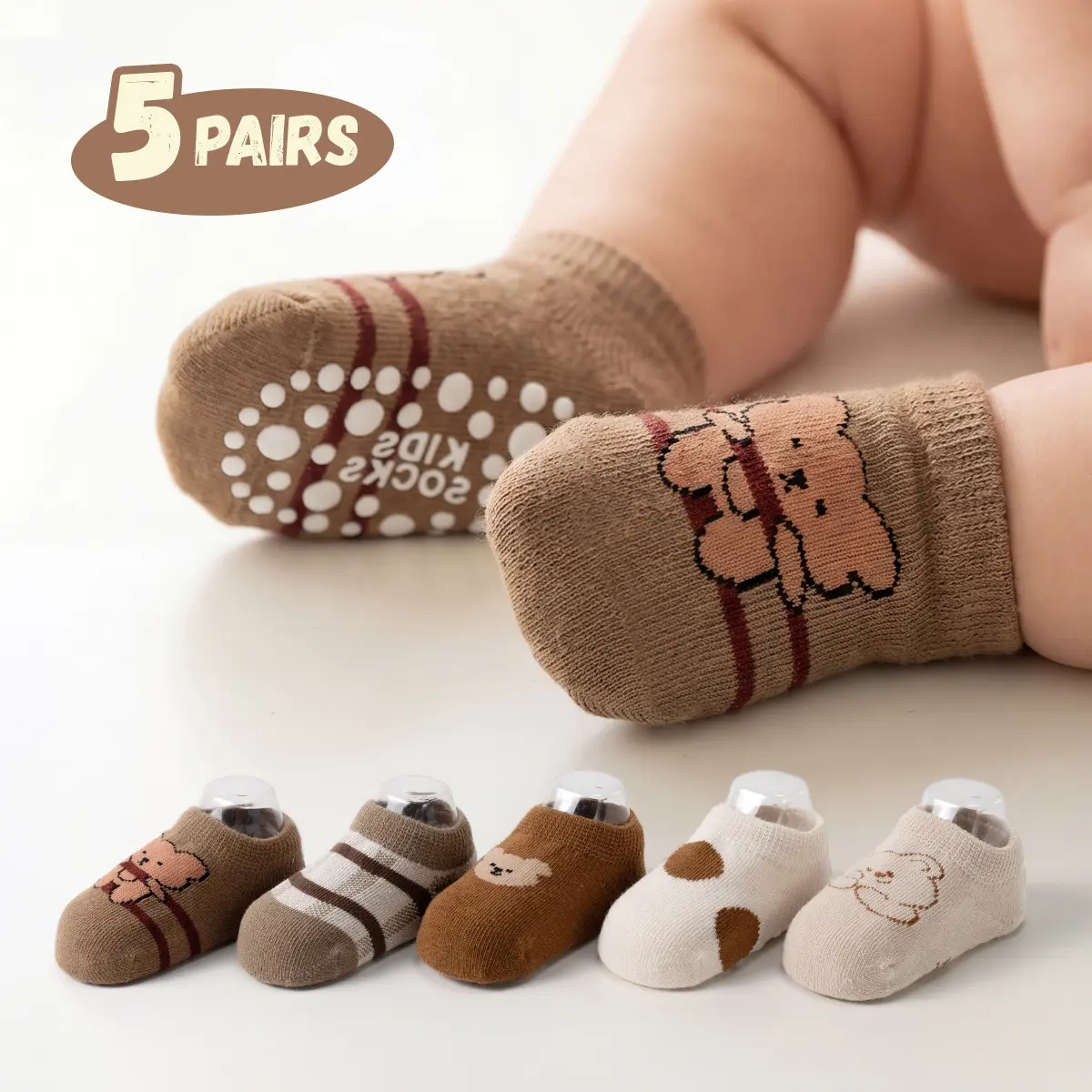5-Pair Baby Low-Cut Anti-Slip Grip Socks, Cute Cartoon Bear Pattern, Soft Cotton Breathable Prop 65 Safe Non-Skid Socks for Newborn Toddlers Indoor Daily Wear