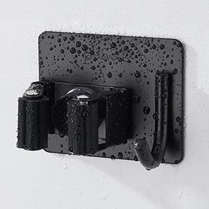 Mop Broom Holder No Drill, Mop Broom Organizer Wall Mounted Heavy Duty with Hooks Hanger, Self Adhesive Stainless Steel 4Pcs for Bathroom, Kitchen, Office (Black)