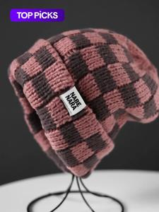 fashionable patched checkerboard pattern beanie, new trendy fitted cool hats for men & women, casual warm cozy knitted hat for fall & winter, unique gifts for women, bonnet