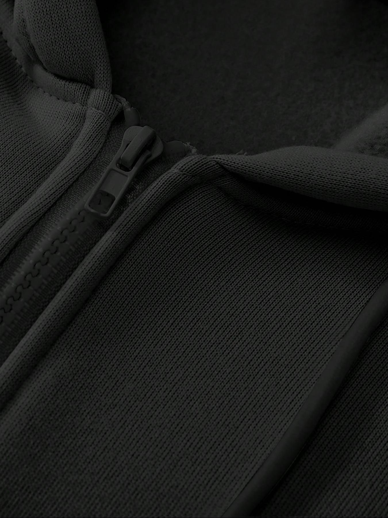 Men's Fleece Lined Zipper Hoodie Jacket, Winter Warm Sports Sweatshirt, Letter & Cross Print Long Sleeve Hooded Top for Outdoor Wear