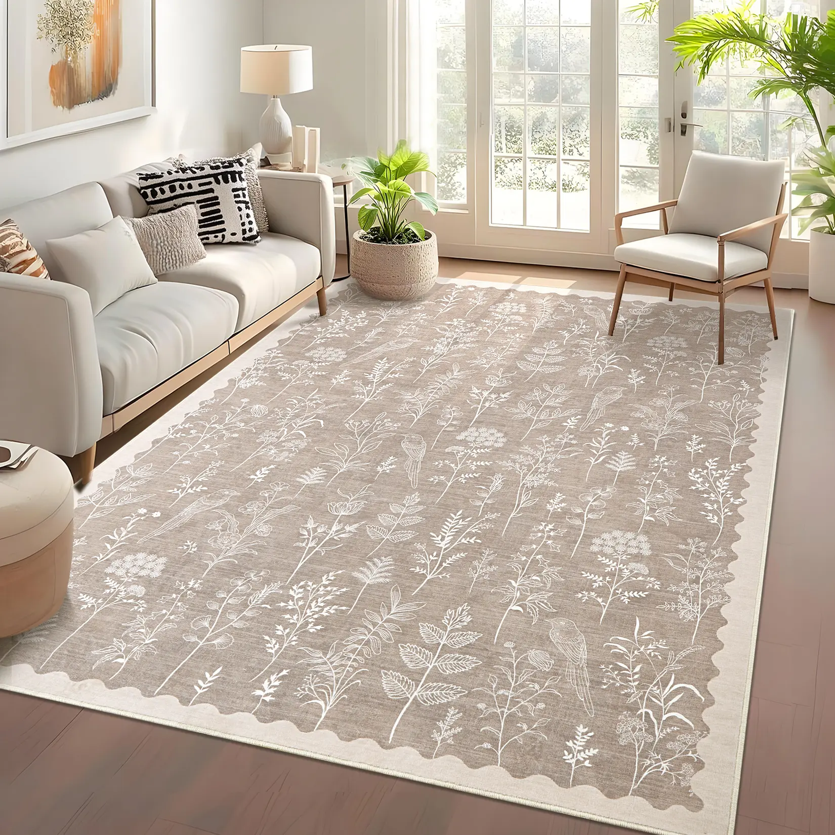 Scalloped Border Botanical Area Rug, Minimalist Floral Leaf Low Pile Carpet, Stain Resistant Non Shed Indoor Floor Mat, Easy Clean Nature Rug for Living Room Bedroom Farmhouse Cottage Decor