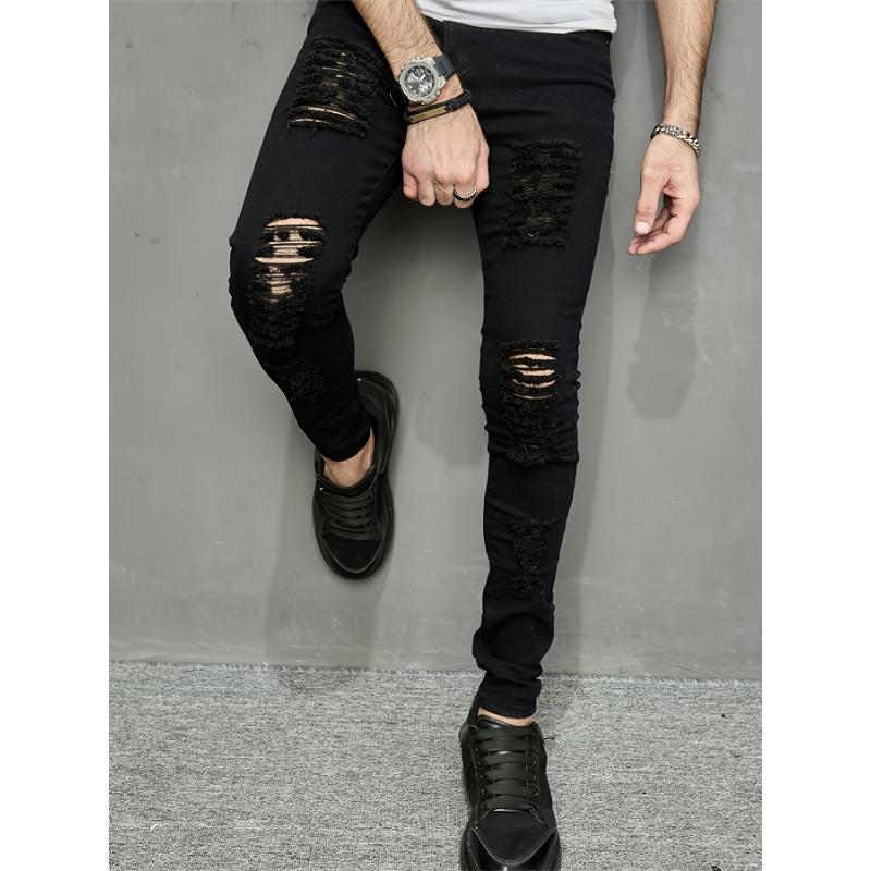 Men's Slim-Fit Black Ripped Jeans - Stretch Denim, Hip-Hop Street Style, Machine Washable Pants Cotton Menswear Trouser