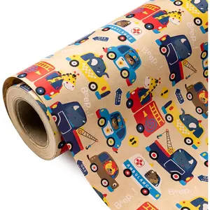 WRAPAHOLIC Kraft Car Wrapping Paper - Mini Roll - 17 Inch x 16.5 Feet - Adorable Police Fire Trucks Animal Design, Perfect for Kids Boys Birthday, Baby Shower