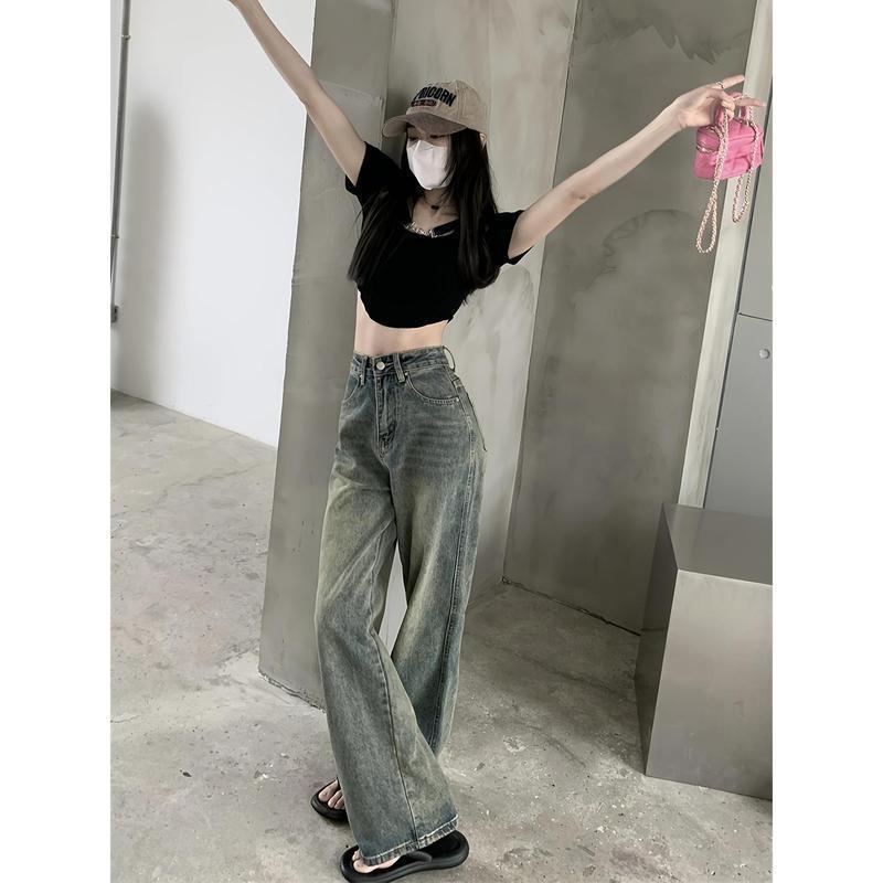 Women's Vintage Loose Jeans - Slant Pocket, Straight Cut, Classic Green-Blue