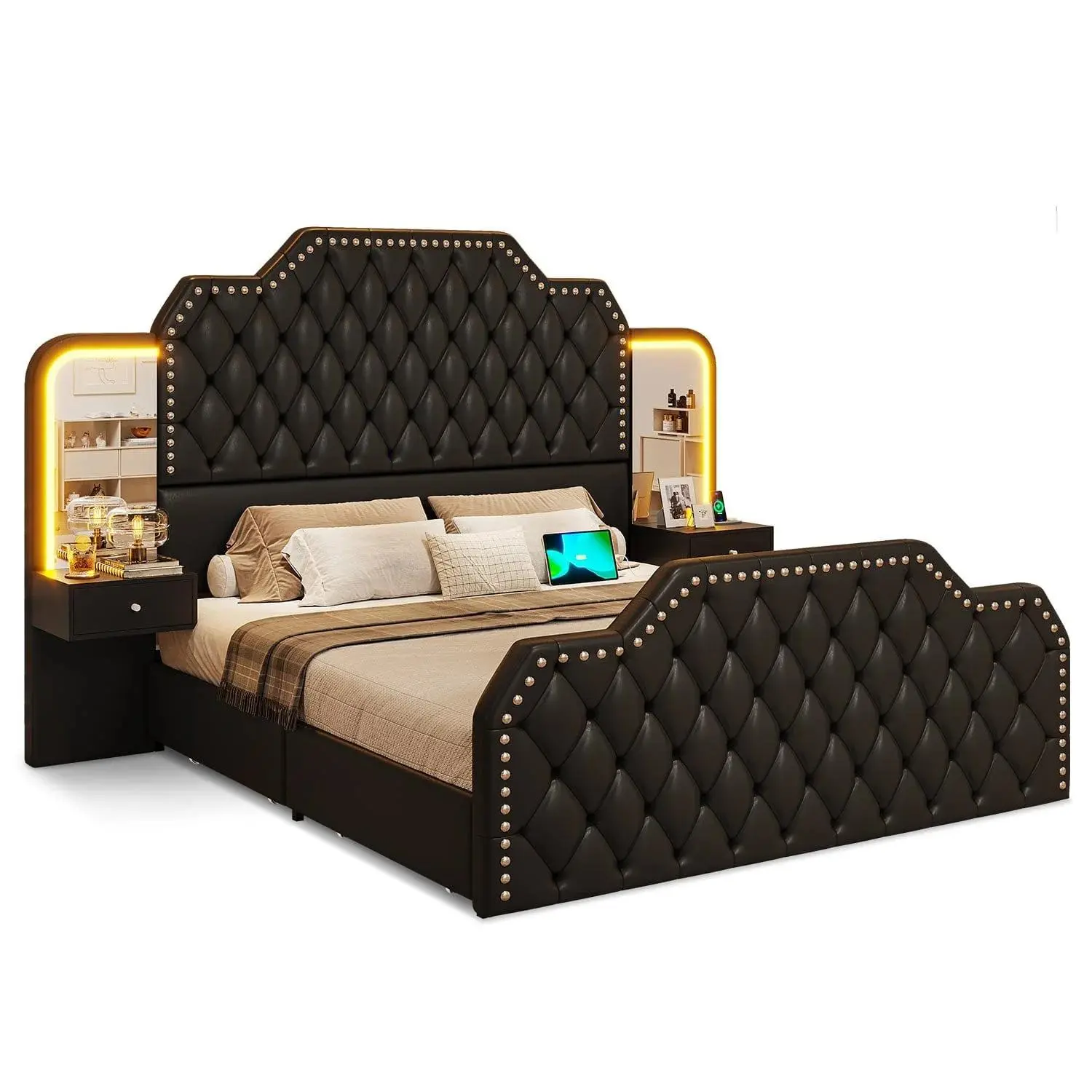 Sikaic PU Leather LED Bed Frame with 2 Nightstands & 2 Mirrors, Black Upholstered Platform Bed with Storage Headboard Bedroom Furniture Set