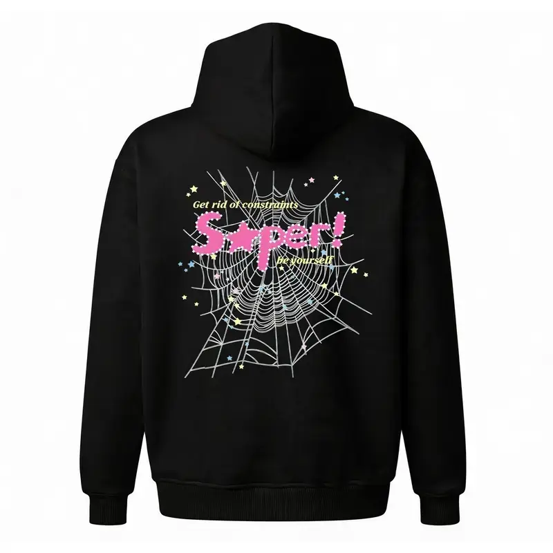 Men's Oversized Unisex Longsleeve Cotton-Poly Fleece Hoodie - Y2K Grunge 90s Spiderweb-Pixel Print, Alt Aesthetic Tops, Cozy Casual Sweatshirts, Trendy Birthday Gift