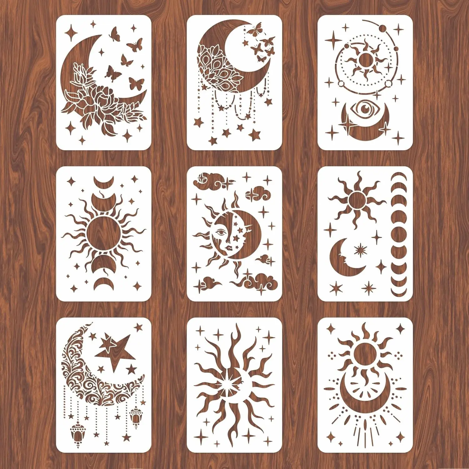 9PCS/Set Sun Moon Wall Stencils for Painting 12x8 Mandala Tile Stencil Large Flower Star Concrete Floor Stencils Reusable Drawing Template for Painting Wood Canvas Furniture Patio Home Decor