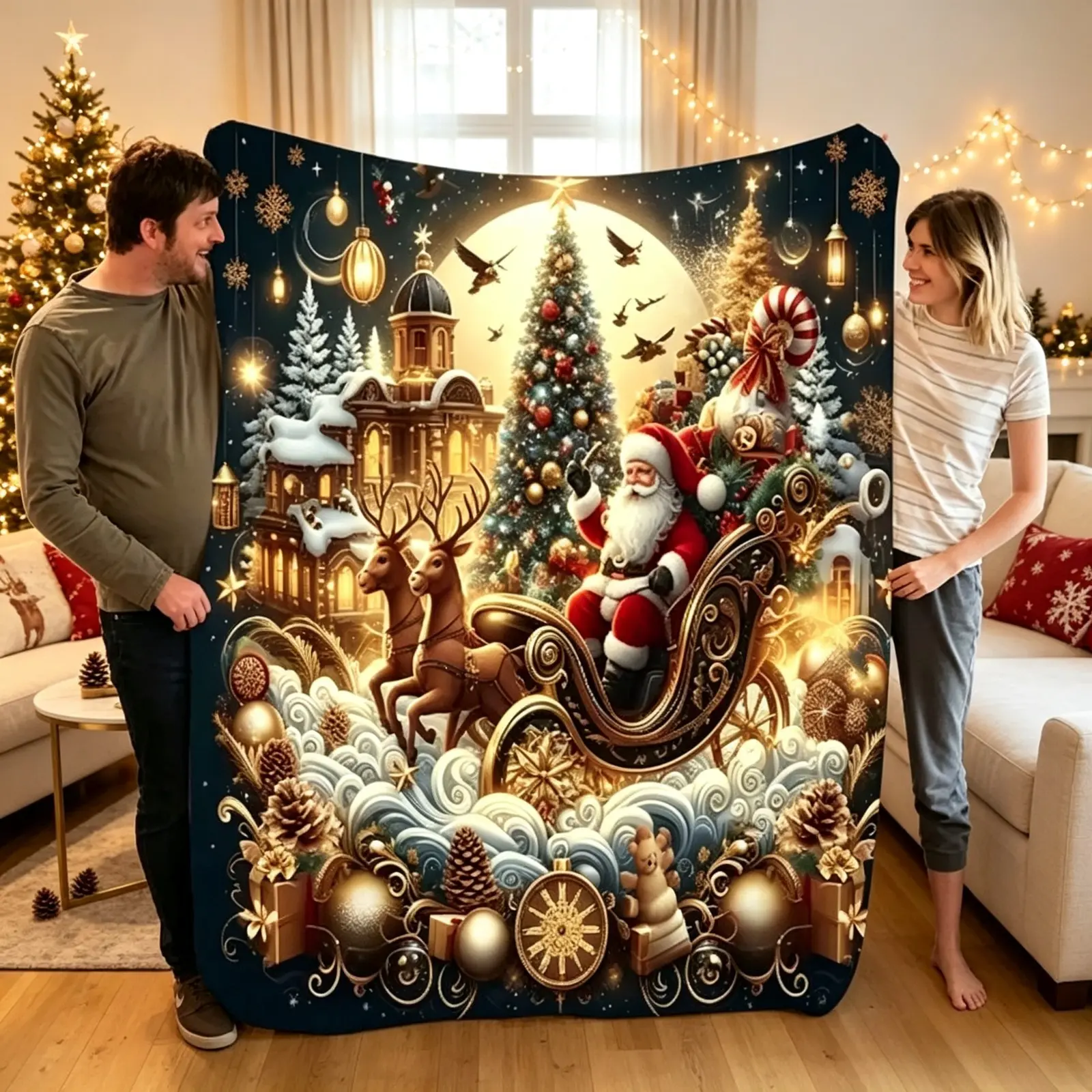 Christmas Santa Claus Reindeer Sleigh Flannel Fleece Throw Blanket, Festive Holiday Print, Soft Cozy AC Blanket for Kids & Adults, Lightweight Warm Bedding Throw for Living Room Bedroom Office Couch Sofa, Christmas Home Decor, Xmas Gift for Family Friends