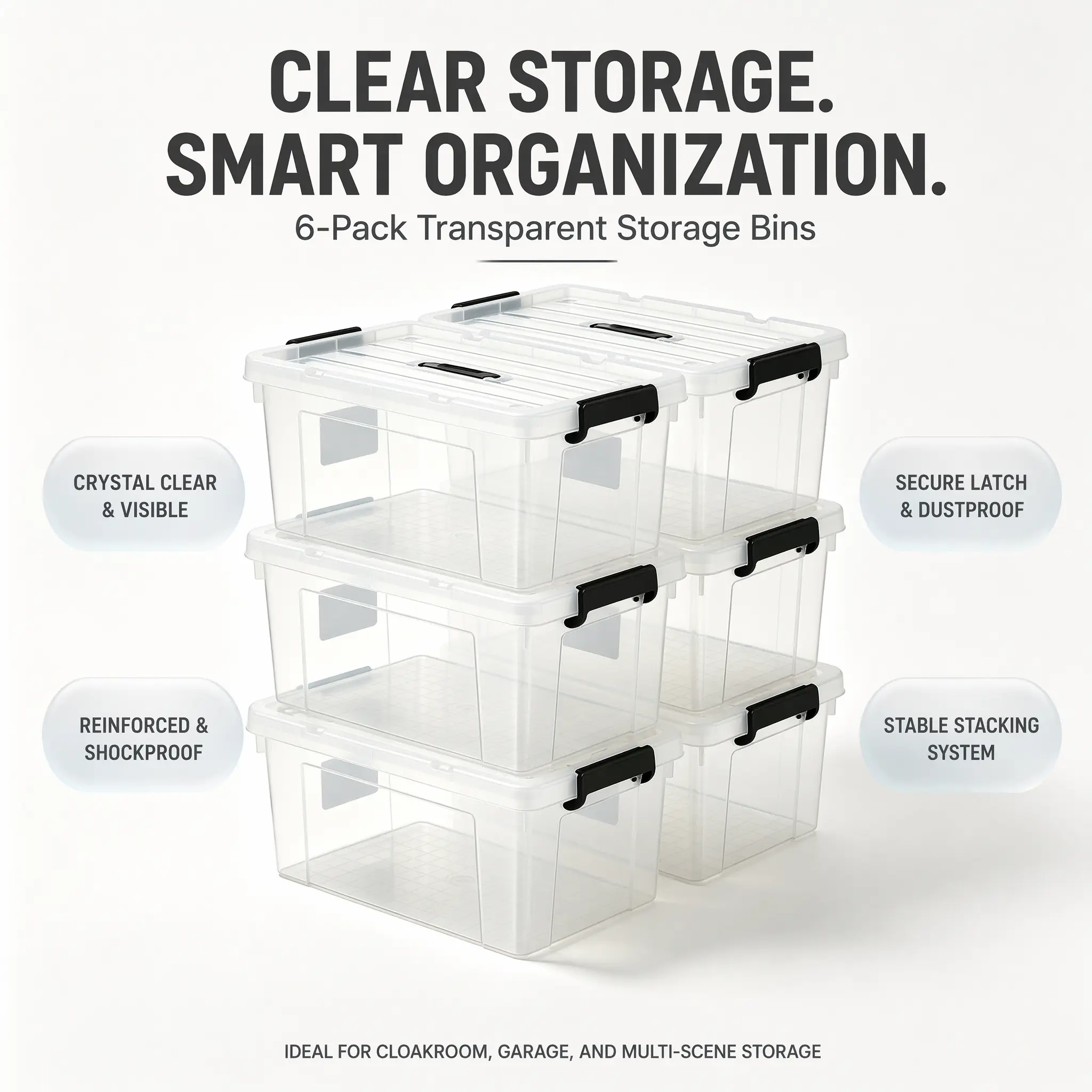6 Pack 10L/15L Dual Size Stackable Clear Plastic Storage Boxes with Secure Lock Lids, Heavy Duty Crush Resistant Organizer Bins for Closet Garage Pantry Household Storage