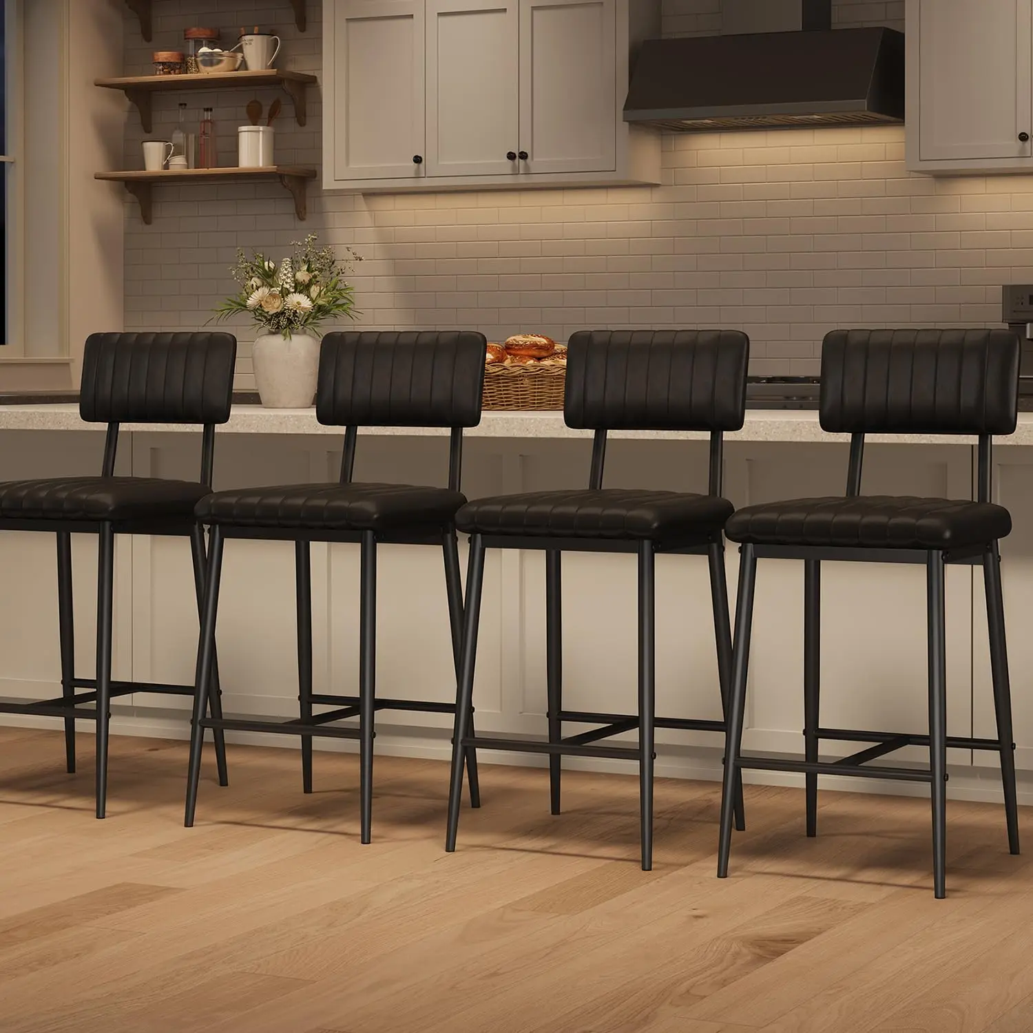 Set of 4, 6, or 8 Counter Height Bar Stools with Backrest and Footrest, Featuring Thick Cushions and Reinforced Metal Legs, Ideal for Kitchen Islands and Counters in Black Finish