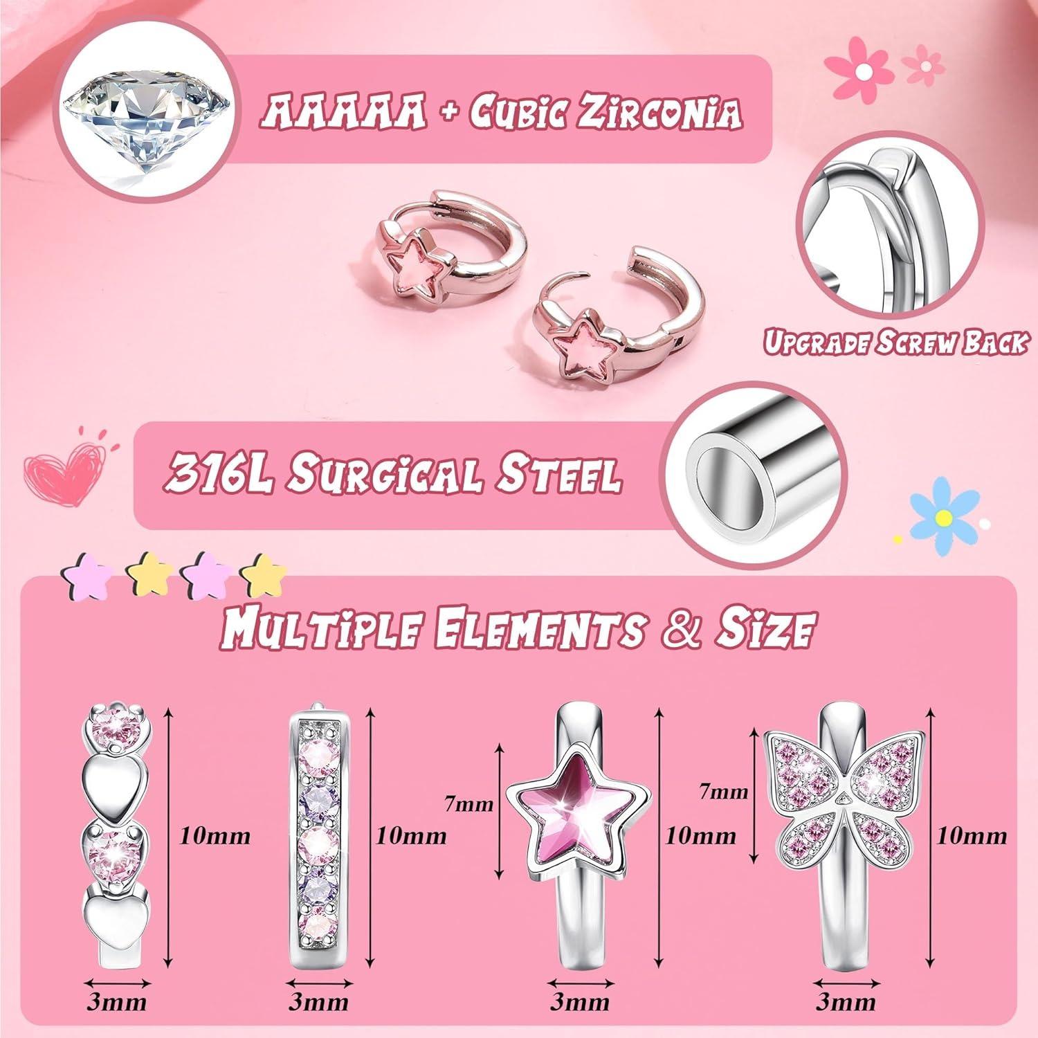 4 Pair Small Silver Hoop Earrings for Women Girls Pink/Blue Heart Star Butterfly Zirconia Hoop Earrings Hypoallergenic Sleeper Huggie Cartilage Earrings Set for Kids