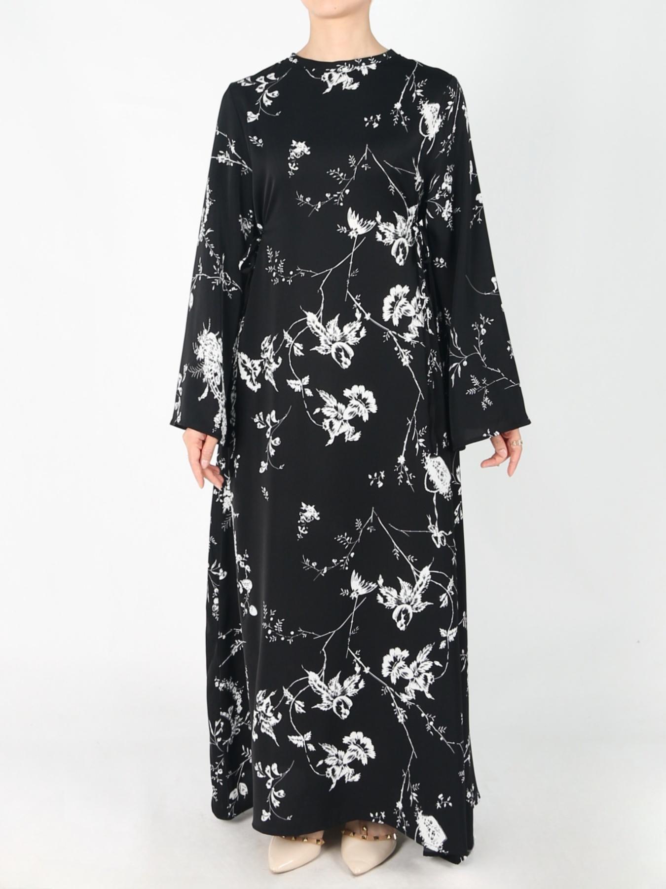 Women's Tie Side Zipper Back Dress, Elegant Long Sleeve Belted Abaya Dress for Daily Wear, Ladies Islamic Clothing for All Seasons