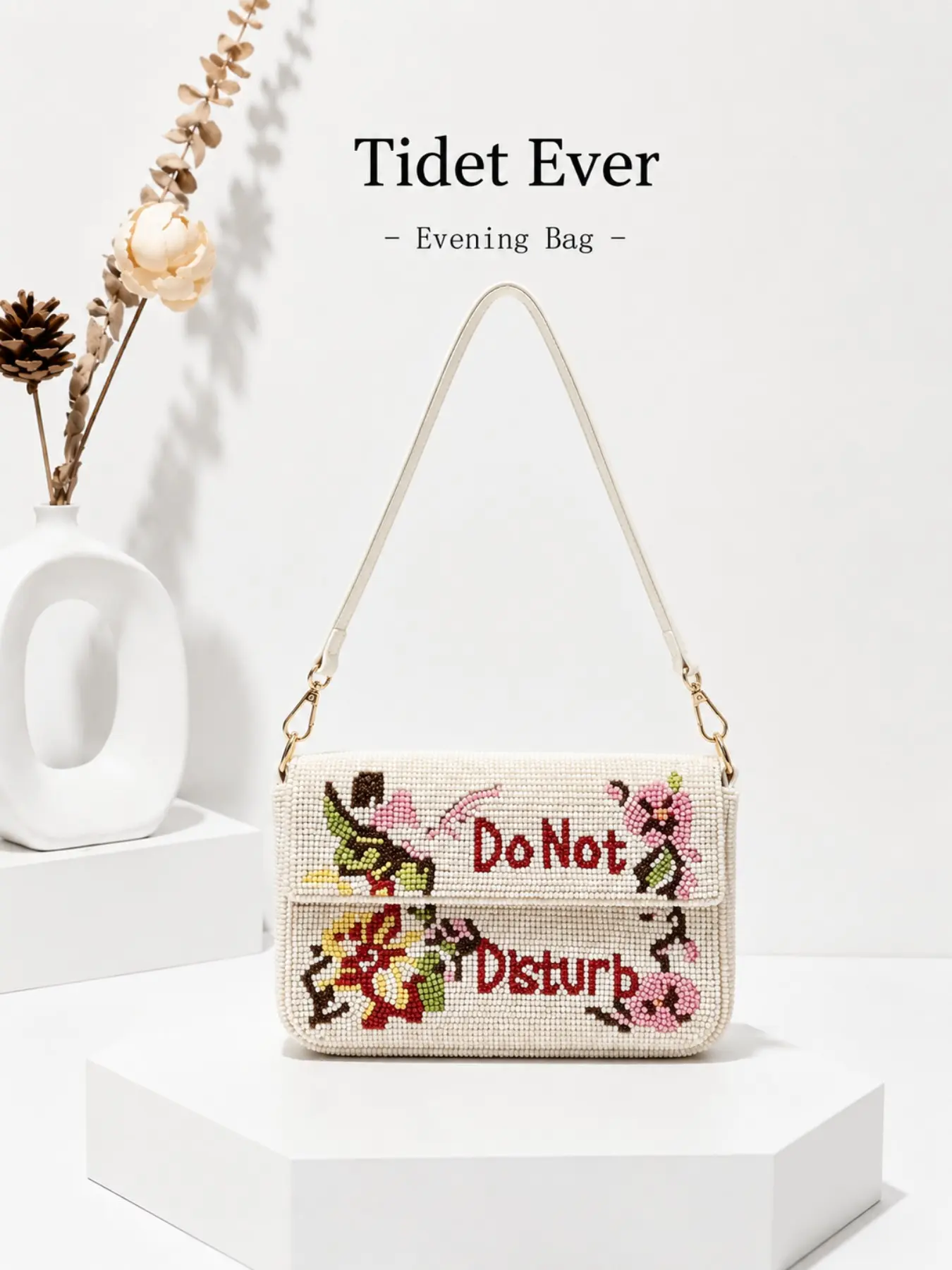 Women's White Beaded Square Shoulder Bag with Colorful Floral Bead Embroidery and Do Not Disturb Design, Pearl Bead Handbag with Gold Buckle Strap for Work, Shopping, Party, Daily, Gift for Women, Versatile Crossbody