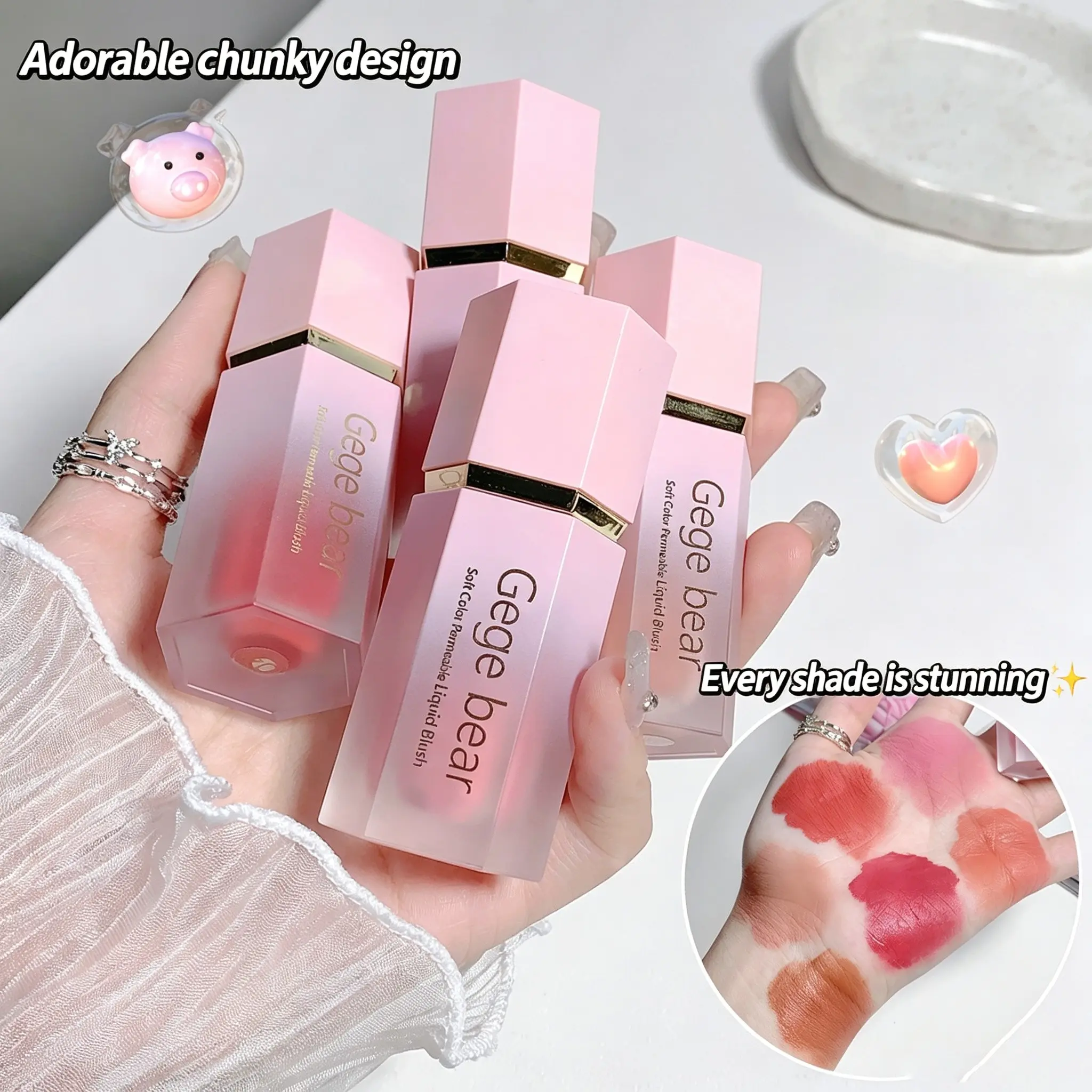 Gege bear Liquid Blush with Sponge Applicator, Natural Matte Long-wearing Cream Blush for Cheeks Eyes Lips, Sheer Blendable Flush Blush Makeup, 6 Colors Available Daily Casual Makeup