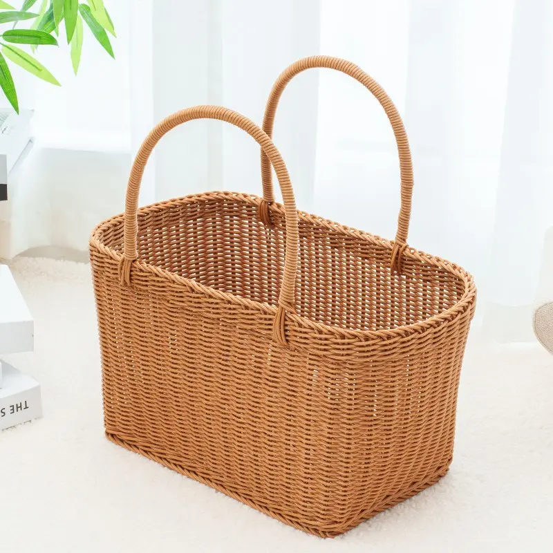 Imitation rattan weaving handle storage basket Reinforced picnic basket Shopping basket Rattan weaving flower basket Picking basket Living room snack basket Basket with handle