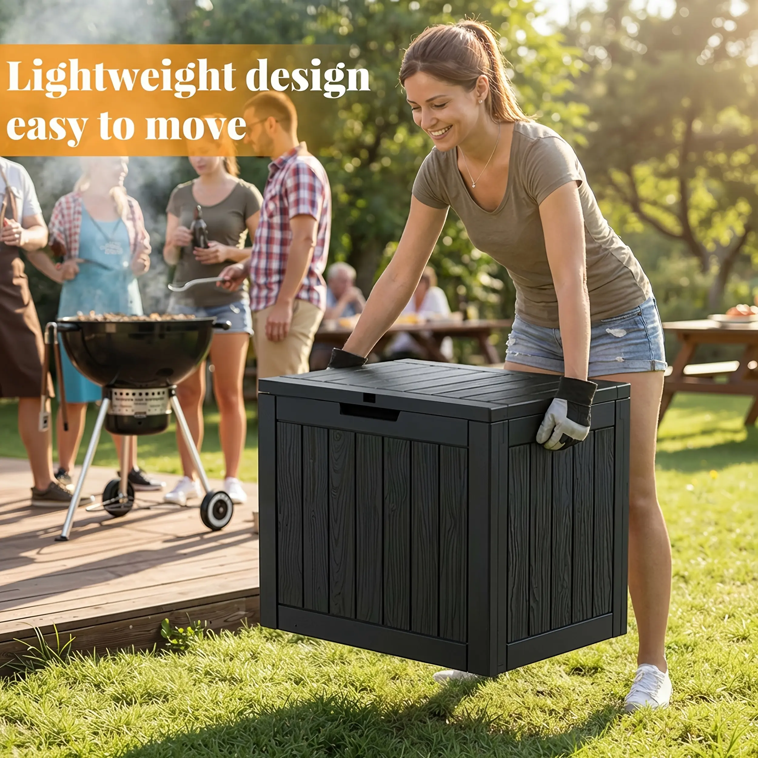 34 Gallon Waterproof Outdoor Deck Box, Tool Box W/ Side Handles, Tool Storage Organization, Greenhouse Outdoor, Outdoor Storage, Garden, Backyard, Resin Storage Boxes, Bins, Cabinets, Box, Cabinet, Rack for Outdoor Storage, Local Warehouse