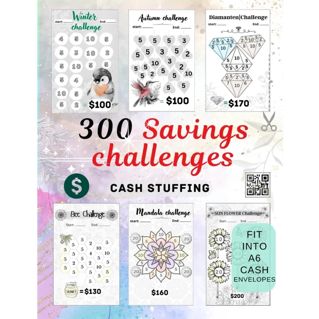 300 Savings Challenges: for Low Income | A6 Budget Inserts to Cut-out | incl Budget Sheets and Dashboards