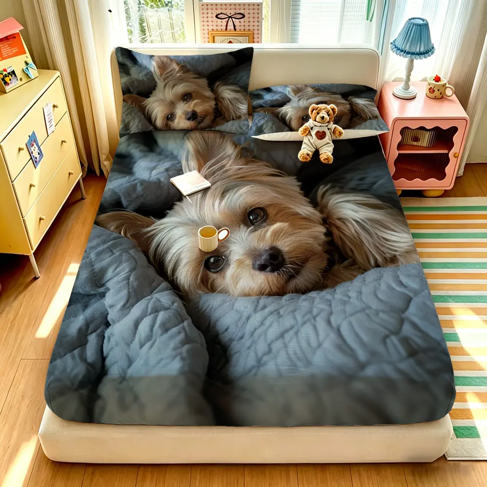 3pcs Realistic Yorkshire Terrier Dog Print Fitted Sheet Set, 1 Fitted Sheet & 2 Pillowcases (No Core), Soft Comfortable Bed Cover, Deep Pocket Design, Suitable for All Rooms