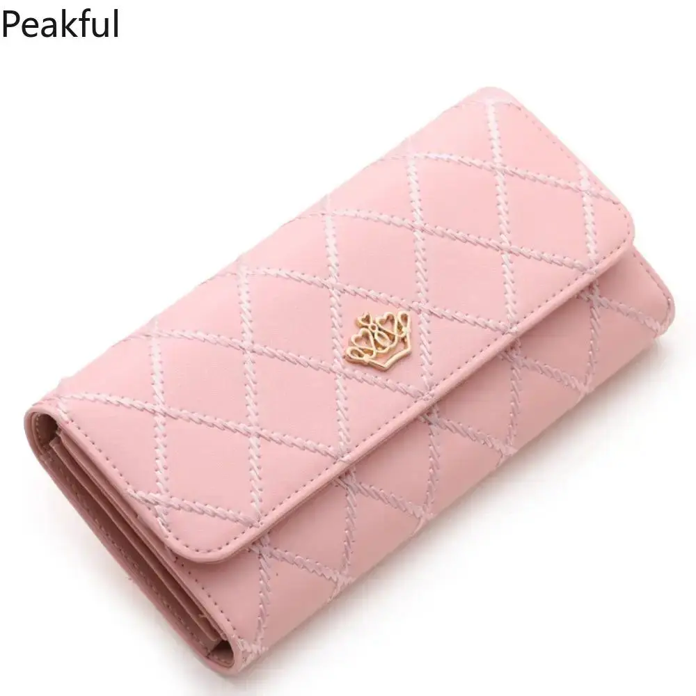 Large Capacity Long Foldable Wallet for Women, PU Leather Clutch with Gold Crown Hasp & Diamond Quilted Pattern, Multi-Card Organizer with Phone Pocket, Ideal Birthday & Mother's Day Gift