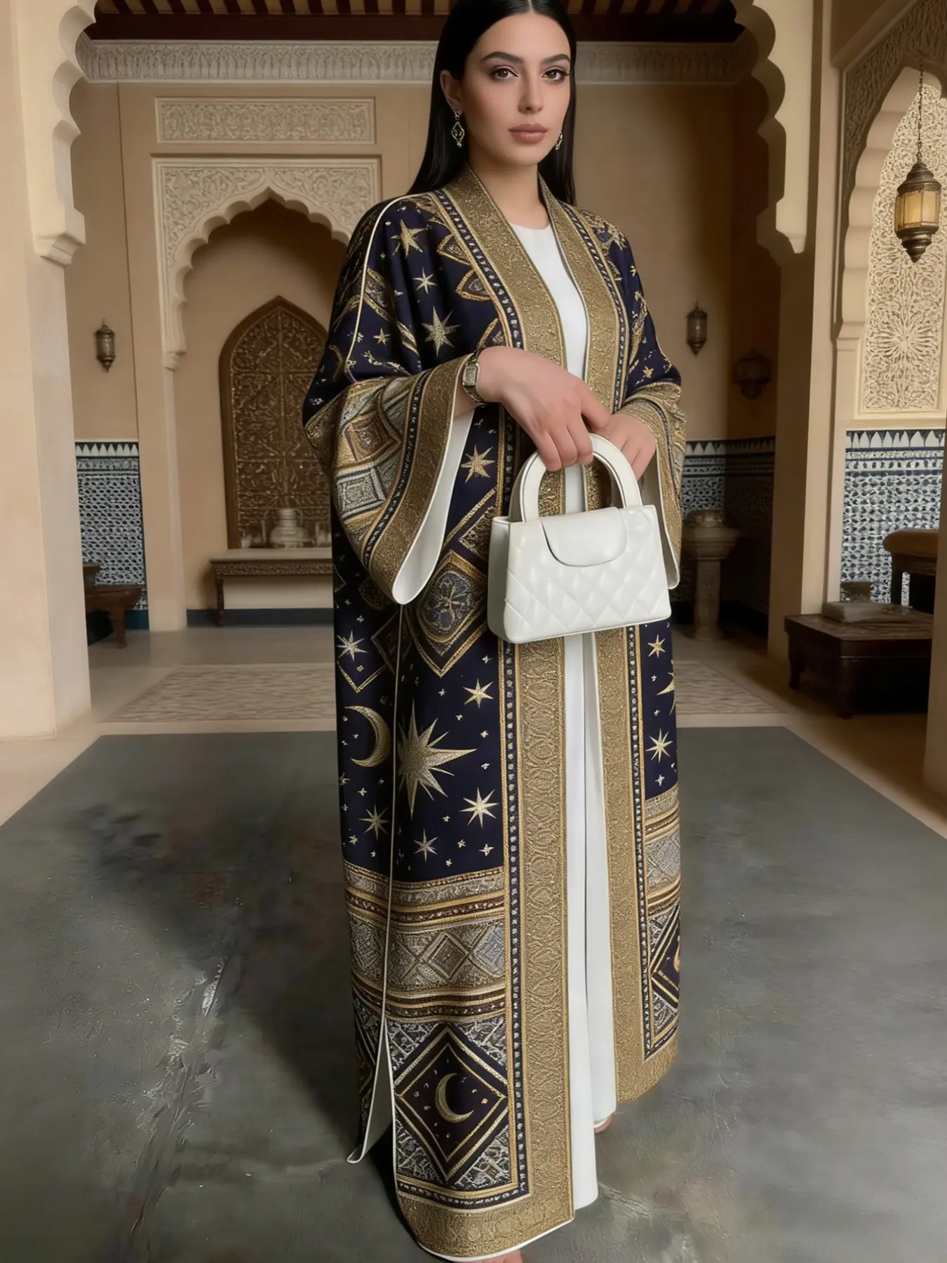 Middle Eastern Elegant Arab Women's Long Abaya, Islamic Star Moon Print, Loose-Fit Long Sleeve Robe, Ditsy Floral Pattern, Muslim Abaya, Islamic Modesty Clothes