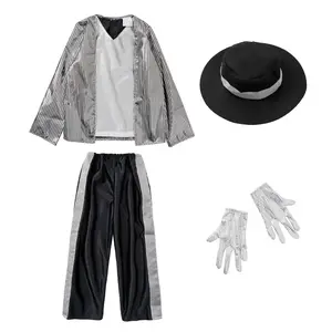 Boys 80s Michael Jackson Cosplay Hip Hop Stage Outfits Matching Hat Gloves Colorblock Letter Design Halloween Dress Up