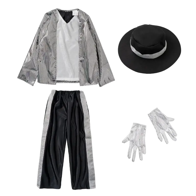 Boys' 80s Michael Jackson Cosplay Outfit Set, Hip Hop Stage Wear with Matching Hat & Gloves, Colorblock Letter Design for Halloween Dress-Up