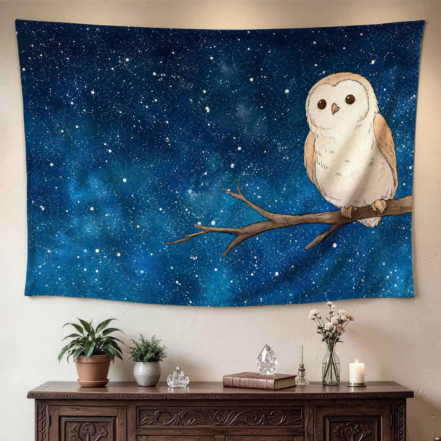 Cute Owl Starry Night Sky Polyester Wall Tapestry - Large Horizontal Printed Artwork, No-Installation Home Decor, Hippie Chic Room Decor Blanket for Living Room, Gift Idea for Loved Ones